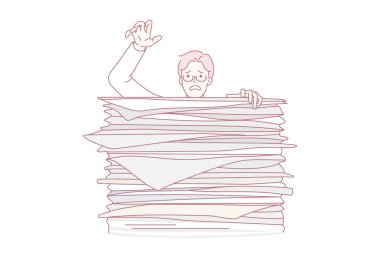 Muayene kitaplarının arkasındaki öğrenen çocuk. Sınavlara hazırlanan ve kitap yığınının düşüşüne hazırlanan bitkin öğrencilerin vektör konsepti.