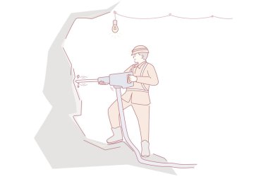 Benim konseptimde minör olarak çalışmak. Üniformalı ve miğferli genç madenci elinde aletle duruyor ve kaya vektörü çizimleri yapıyor.