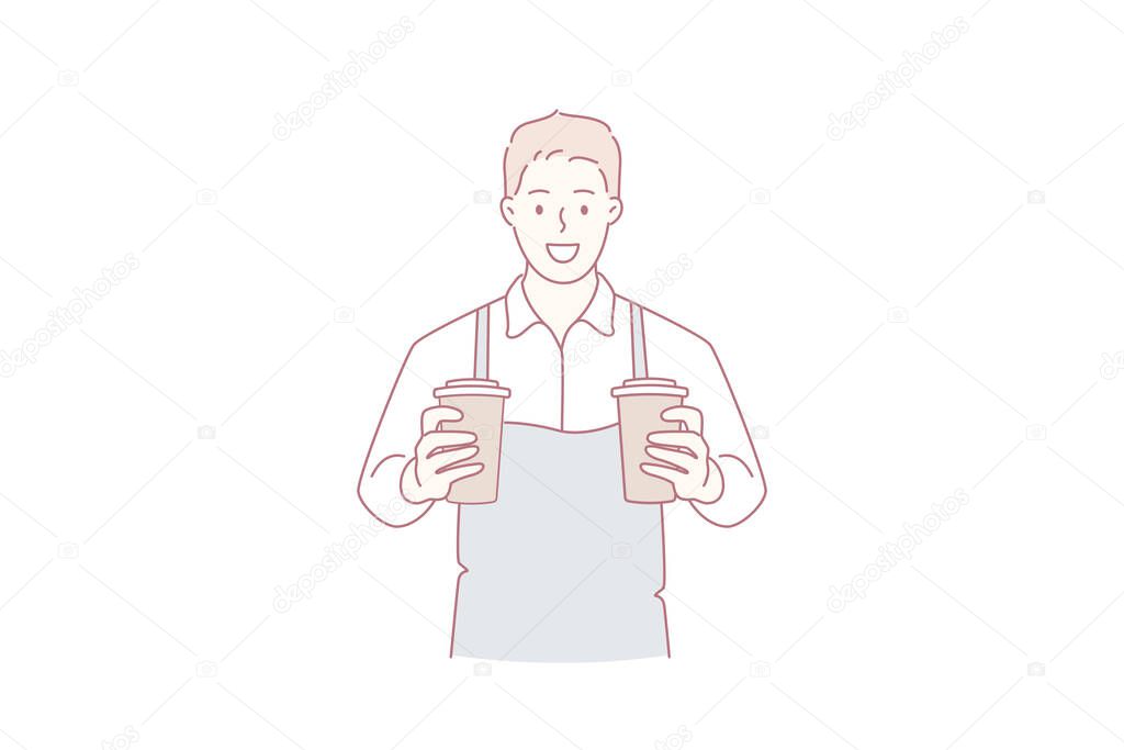 Working as barista in cafeteria concept. Young smiling man barista cartoon character wearing apron standing holding cups with coffee drink vector illustration