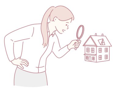 Bir kadın, ev teftişinin önemini sembolize eden büyüteçle detaylı bir ev modelini inceliyor.