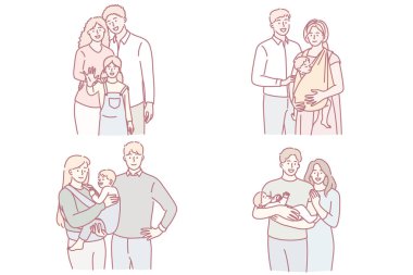 Çocuk sahibi mutlu aileler. Genç, gülümseyen çiftler aileleri çocuklarıyla birlikte duran çocuklar ve kızları birlikte mutlu hissediyorlar.