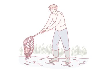 Ekolojik bakım ve çevre konsepti. Genç gülümseyen adam çizgi film karakteri elinde ağ ile sadece su vektör illüstrasyonundan çöp topluyor.