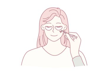 Cilt bakımı ve güzellik tedavi konsepti. Gözlerinin altındaki yamalarla gülümseyen genç bir kadının yüzü ve güzellik tedavi vektörü çizimi yapan bir aletle kozmetolog eli.