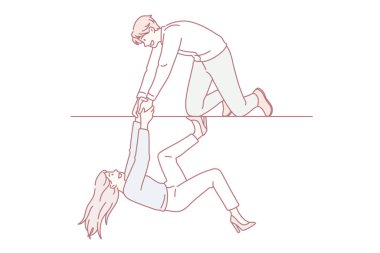 El ele tutuşmak ve destek olmak. Genç gülümseyen adam çizgi film karakteri dizlerinin üzerine çöküp kadına yardım ediyor ve vektör illüstrasyonuna tırmanmasına yardım ediyor.