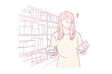 Eczane konseptinde zor bir seçim. Genç hayal kırıklığına uğramış kadın çizgi film karakteri eczane vektör illüstrasyonunda doğru ilacı seçmeye çalışıyor.