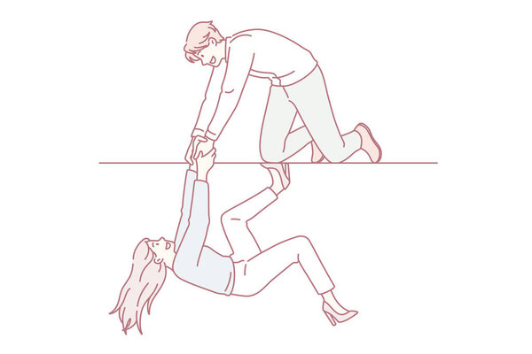 Помогает рука и концепция поддержки. Молодой улыбающийся мужчина персонаж мультфильма сидит на коленях и протягивает руку женщине, помогая ей взобраться на векторную иллюстрацию