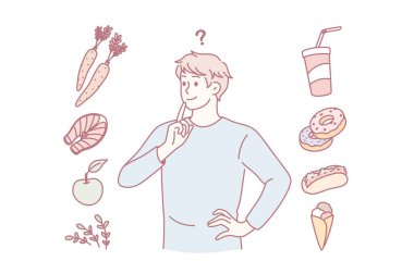 Yemek ve diyet seçimi konsepti. Genç gülümseyen adam çizgi film karakteri ayakta duruyor sağlıklı yemek ve şişman abur cubur arasında seçim yapmaya çalışıyor.