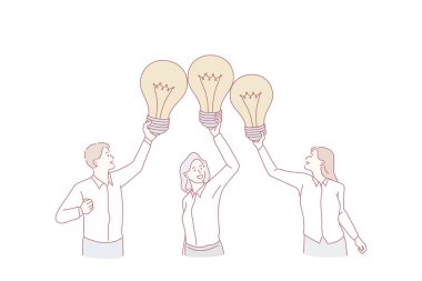 Takım ve harika bir iş fikri. Genç gülümseyen iş adamları grubu iş arkadaşları çizgi film karakterleri vektör illüstrasyonunun üzerinde ampulleri tutuyorlar.