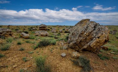Shirkala. Batı Kazakistan. Büyük pitoresk taş topları-nodüller sınırsız bozkır ünlü mount Shirkala etrafında dağınık.
