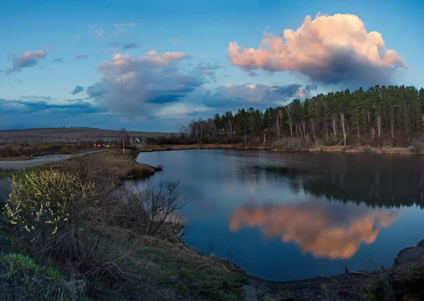 Rússia Sul Sibéria Ocidental Pôr Sol Noite Início Primavera Montanha — Fotografia de Stock