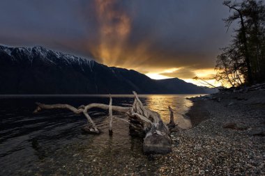Rusya. Batı Sibirya güneyinde. Dağ altay. Göl Teletskoye kıyısında ilkbahar geç.