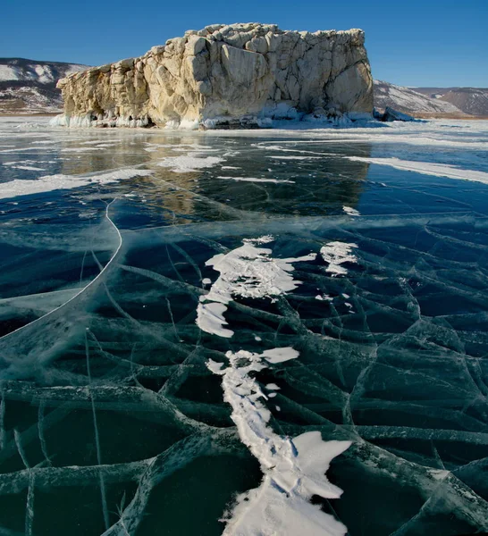 Russia Siberia Orientale Bellezza Unica Ghiaccio Trasparente Del Lago Baikal — Foto Stock