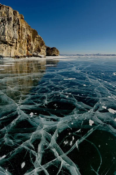 Rusko Východní Sibiř Jedinečnou Krásu Transparentní Ledové Jezero Bajkal — Stock fotografie