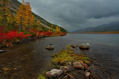 Rusya. Magadan. Uzakdoğu'nun sonbahar inanılmaz güzelliği. Göl Maxi