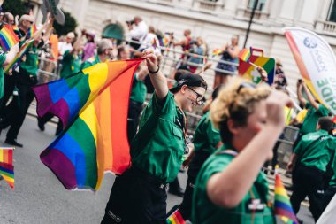 Londra / İngiltere - 07 / 06 / 2019: Londra Onur Yürüyüşü 'nde bayrak ve bayrak taşıyan insanlar