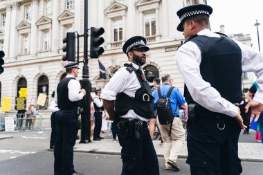 Londra / İngiltere - 07 / 06 / 2019: Londra Onur Yürüyüşü 'nde bayrak ve bayrak taşıyan insanlar