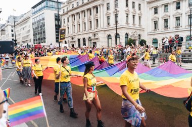 Londra / İngiltere - 07 / 06 / 2019: Londra Onur Yürüyüşü 'nde bayrak ve bayrak taşıyan insanlar