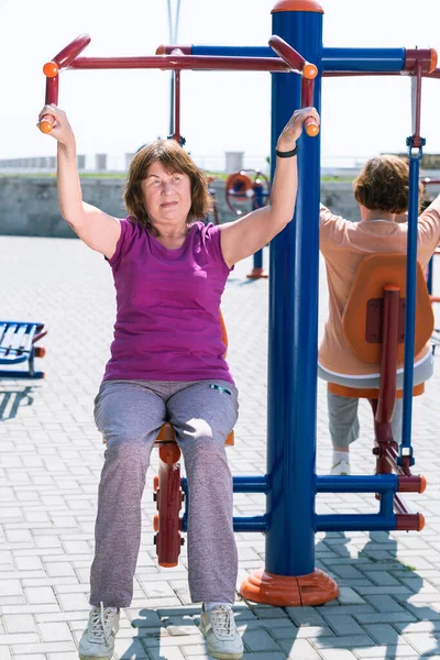 Entrenamiento de mujeres mayores en el gimnasio exterior. Estilo de vida saludable para jubilados . — Foto de Stock