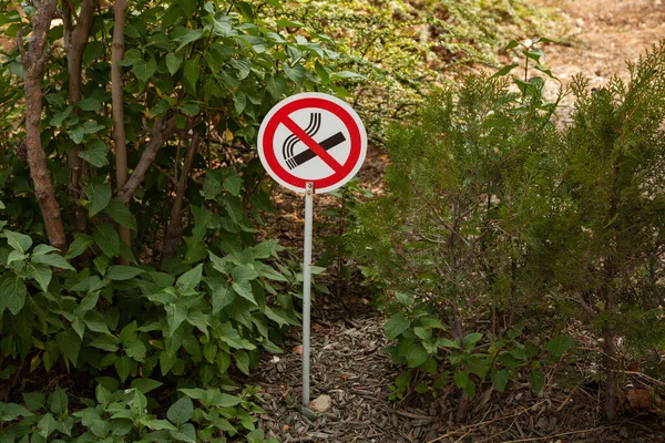 Rauchverbotsschild im öffentlichen Park soll vor Menschen warnen. — Stockfoto