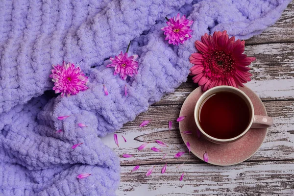Bir Fincan Ekose Çiçekli Ngiliz Çayı Gününden Sonra Rahat Bir — Stok fotoğraf