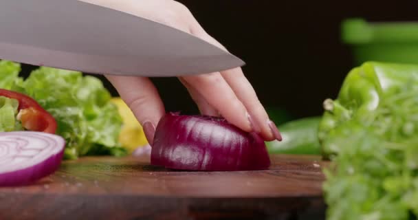 Trancher l'oignon sur une planche à découper pour cuisiner le repas. — Video