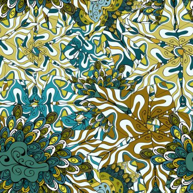 Görüntülerde bir bağımsız, mavi, siyah, kahverengi ve yeşil renkler vektör çizim. Dikişsiz desen zarif dekoratif süsleme moda için baskı, karalama defteri, ambalaj kağıdı, duvar kağıdı.