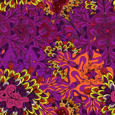 Vektör. Dikişsiz desen baskı. Doodles'ın mor, siyah, kırmızı, turuncu ve sarı renkler. Düz öğeleri. Tasarım. Güzel kumaş deseni.