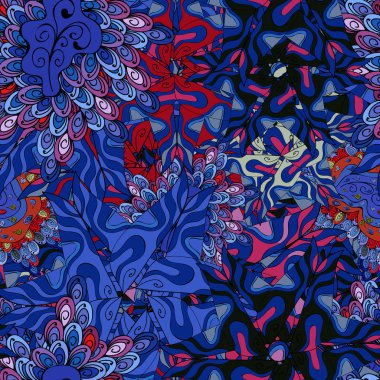 Dikişsiz desen baskı. Doodles'ın mavi, siyah, gri, pembe ve kırmızı renkler. Vektör. Moda kumaş deseni. Tasarım ve hediye paketleme kağıt, tebrik kartları, afiş ve posterler tasarım.