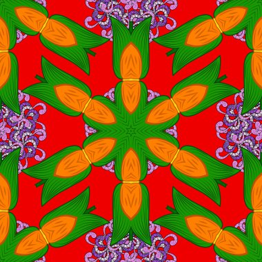 Elle çizilmiş zentangle çiçek yeşil, kırmızı ve turuncu renkleri vektör. Soyut süsleme ile Seamless modeli.