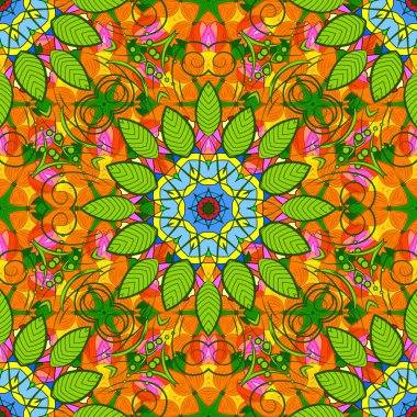 Vektör yeşil, turuncu ve sarı renkler etnik mandala süsleme ile seamless modeli doodle. Anahat.
