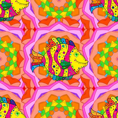 Vektör çizim. Turuncu, pembe ve sarı üzerinde balıklar. Sorunsuz. Sevimli balık karikatür koleksiyonu.