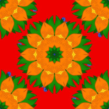 Elle çizilmiş bir turuncu, kırmızı ve yeşil renkleri soyut desen renkli vektör mandala.