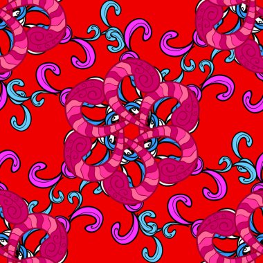 Tasarım soyut mandala kutsal geometri illüstrasyon kırmızı, pembe ve siyah renkler renkli vektör.