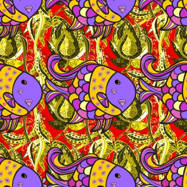 Tropikal balık sarı, gri ve mor renkler. Çizgi film resif balıkları sorunsuz topluluğu. Vektör çizim. Doodle vektör çizim.