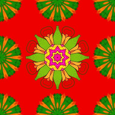 Retro desen antika stili acanthus. Vektör çizim. Dekoratif öğe telkari hat. Vintage Barok mandala süsleme kırmızı, yeşil ve turuncu renkler.