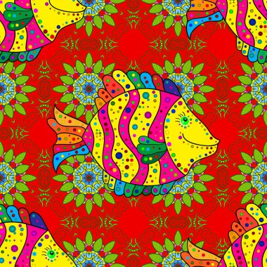 Dikişsiz desen süs balık. Yeşil, sarı ve kırmızı üzerinde balıklar. Vektör çizim.