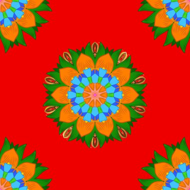 Mandala desen. Arapça Vintage Dekoratif süsleme. Doğu, Islam, Tay dili, Hint, Osmanlı motifleri. Şark, simetri dantel, meditasyon sembolü. Kırmızı, turuncu ve yeşil renkler renkli vektör Mandala.