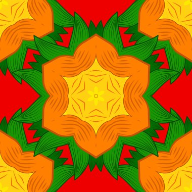 Turuncu, yeşil ve kırmızı renkler karışık renkli Arabesque ile. Vektör soyut stilize renkli mandala.