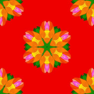 Elle çizilmiş zentangle çiçek kırmızı, turuncu ve yeşil renkler vektör. Dikişsiz desen Etnik mandalalar, doodle arka plan daire. Kırmızı, turuncu ve yeşil desen.