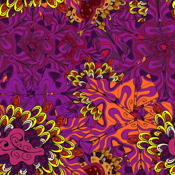 Vektör. Dikişsiz desen baskı. Doodles'ın mor, siyah, kırmızı, turuncu ve sarı renkler. Düz öğeleri. Tasarım. Güzel kumaş deseni.