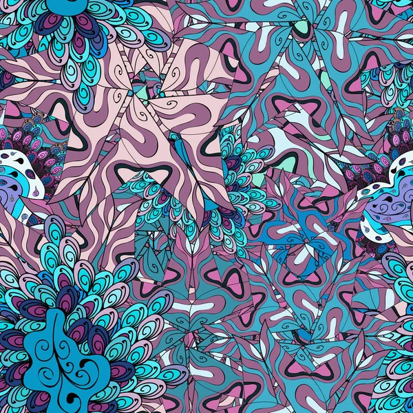 Elle çizilmiş çiçek elemanları ile soyut sorunsuz vektör desen. Nazik, karalamalar mavi, menekşe, tarafsız, siyah ve pembe renkler.