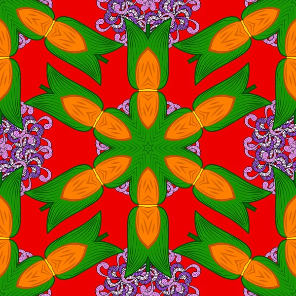 Vector Dibujado Mano Zentangle Colores Florales Verdes Rojos Naranjas Patrón — Vector de stock