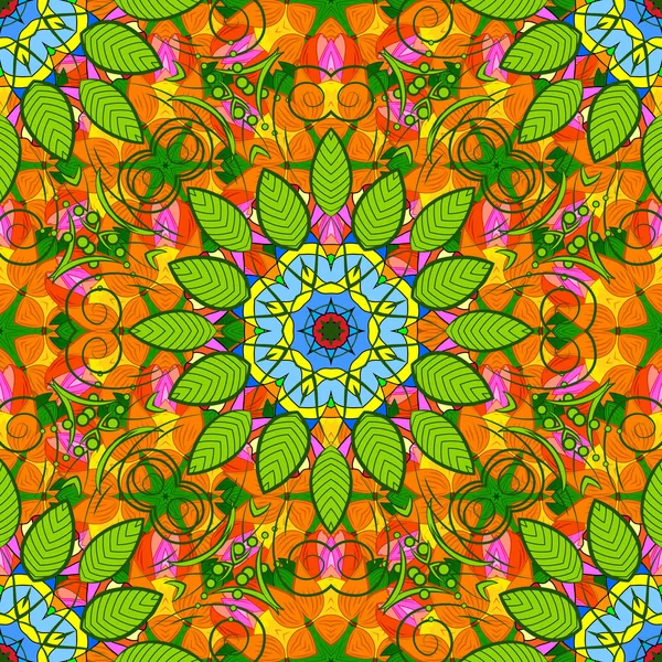 Vektör yeşil, turuncu ve sarı renkler etnik mandala süsleme ile seamless modeli doodle. Anahat.
