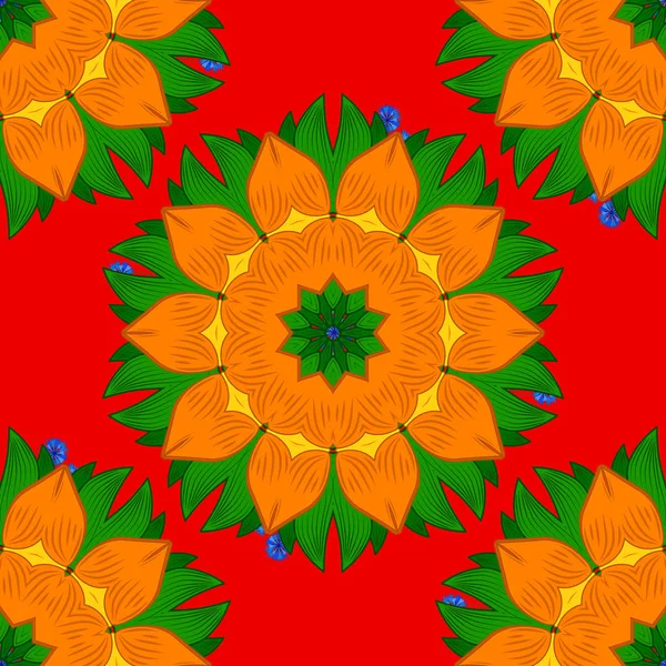 Vektor Handgezeichnetes Mandala Farbiges Abstraktes Muster Auf Orangefarbenen Roten Und — Stockvektor