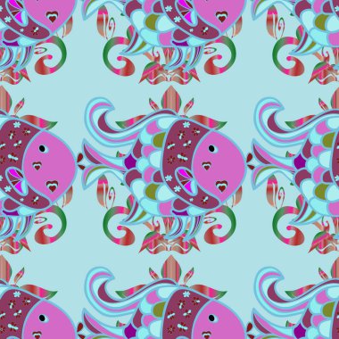 Vektör çizim. Balık ile Seamless modeli. Sevimli balık. Arka plan çocuklar. Bağımsız, mavi ve pembe üzerinde balıklar.