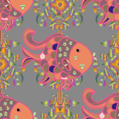 Vektör çizim. Sorunsuz. Balık farklı türleri. Gri, pembe ve turuncu renkler üzerinde sevimli balıklar. Tatlı su balık seti.