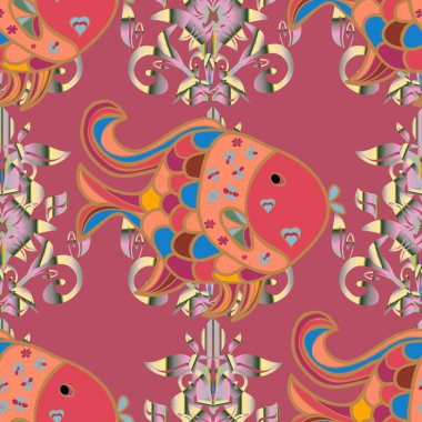 Bej, turuncu ve pembe üzerinde vektör balıklar. Sorunsuz. Komik karikatür renkli balıklar.