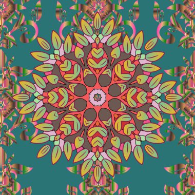 Eski Yunan ve İslami süslere dayanan renkli mandala ile mavi, kahverengi ve yeşil renkler. Düğün davetiyesi, kitap kapağı veya broşür için..