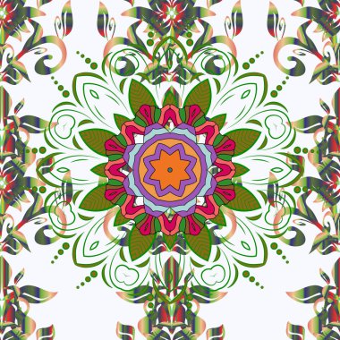 Soyut vektör dekoratif etnik mandala yarım yamalak seamless modeli. Tarafsız, yeşil ve kahverengi renkleri. Renkli öğeleri.