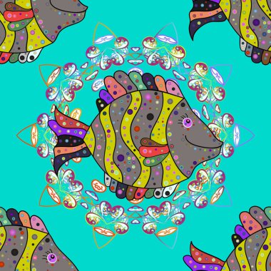 Handdrawn. Vektör çizim. Dikişsiz balık desen. Mavi, gri ve sarı üzerinde balıklar.